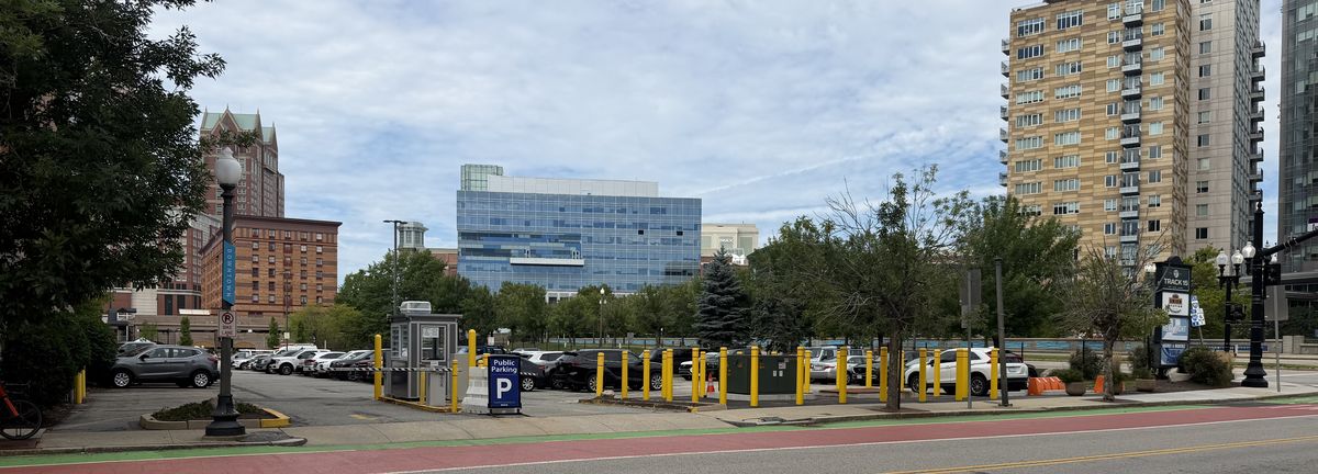 Union Station surface parking lot with downtown Providence behind it